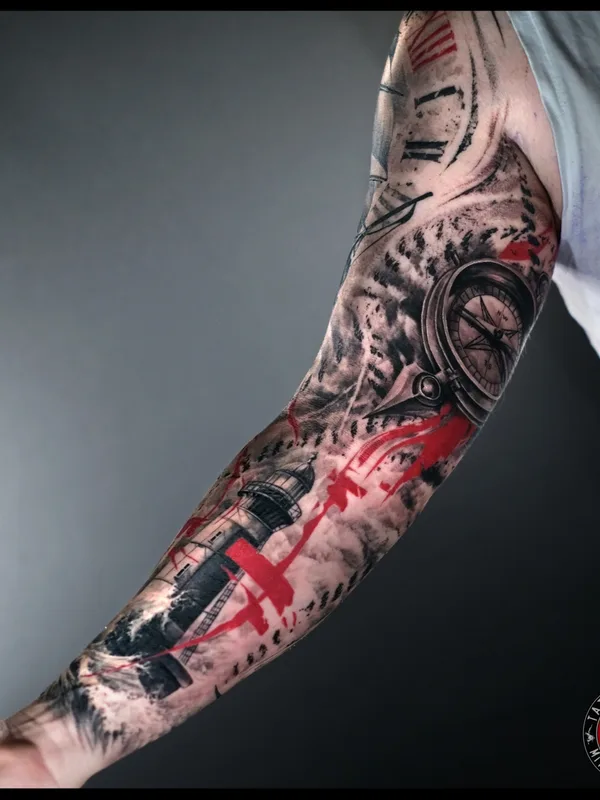male blackandgrey trashpolka tattoo on sleeve #88620 | Tattoo Artist Михаил Строгий