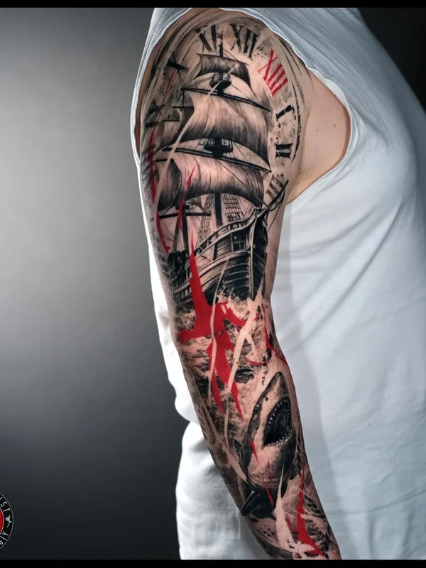 male blackandgrey trashpolka tattoo on sleeve #88621 | Tattoo Artist Михаил Строгий