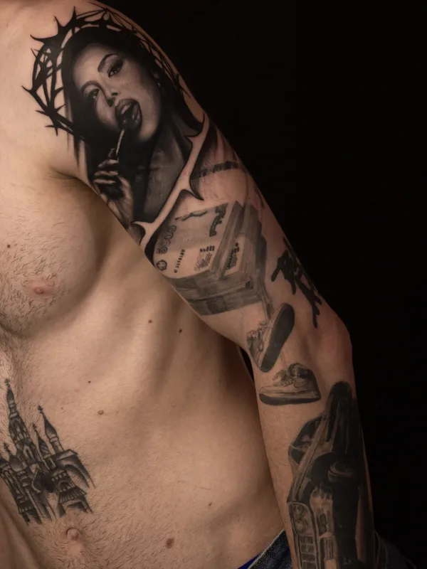 male blackandgrey realism татуировка на sleeve #85456 | Тату мастер Никита Касаткин