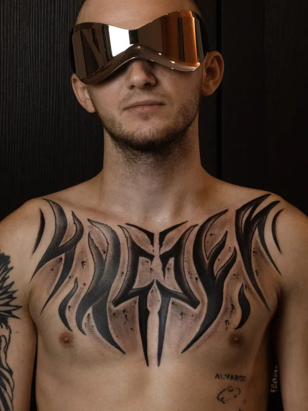 male black lettering татуировка на breast #85460 | Тату мастер Никита Касаткин