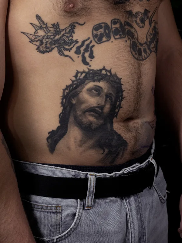 male blackandgrey realism татуировка на stomach #85466 | Тату мастер Никита Касаткин