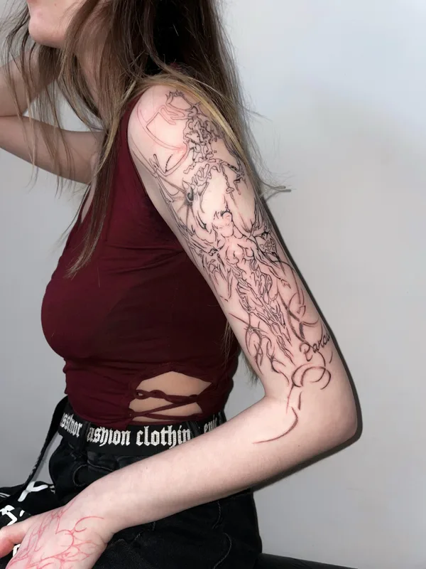 female black linework tattoo on arm #87120 | Tattoo Artist Ольга Глотова 