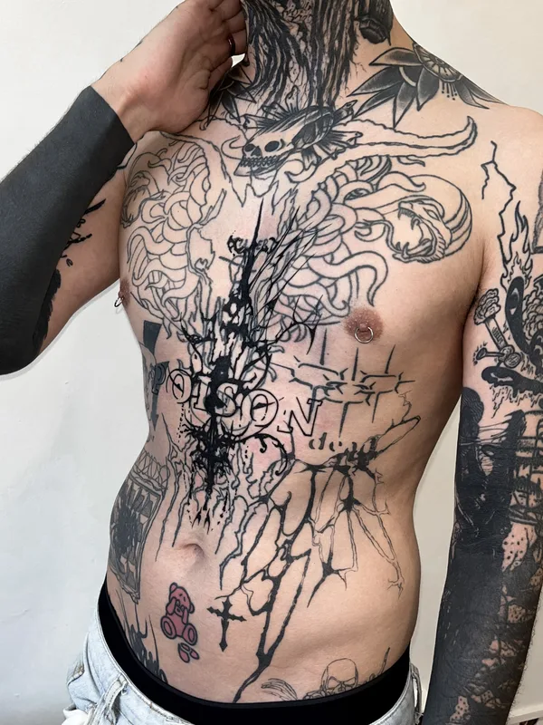 male black blackwork tattoo on chest #87136 | Tattoo Artist Ольга Глотова 
