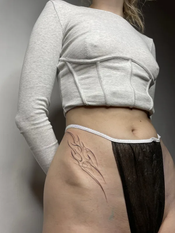 female black linework tattoo on hip #87137 | Tattoo Artist Ольга Глотова 