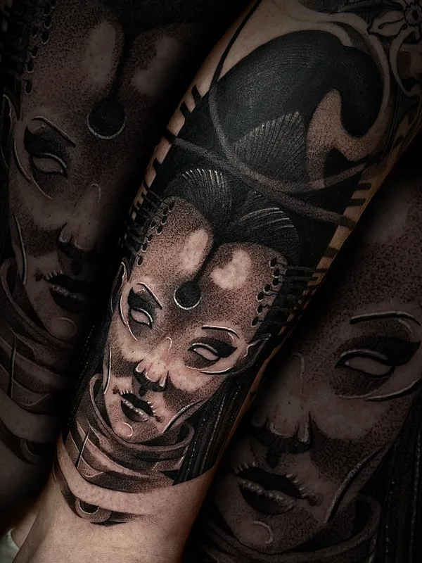 female blackandgrey graphic tattoo on leg #87954 | Tattoo Artist Сергей Мартынов