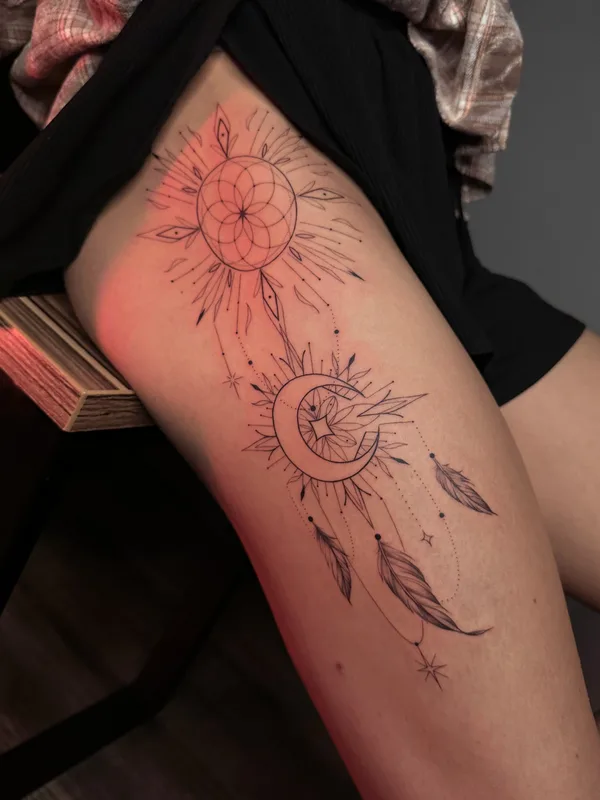 female black fineline tattoo on thigh #87644 | Tattoo Artist Виктория Маслова