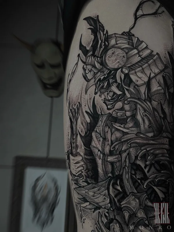 male blackandgrey japanese tatouage sur thigh #85785 | Artiste tatoueur Юлий Монро 