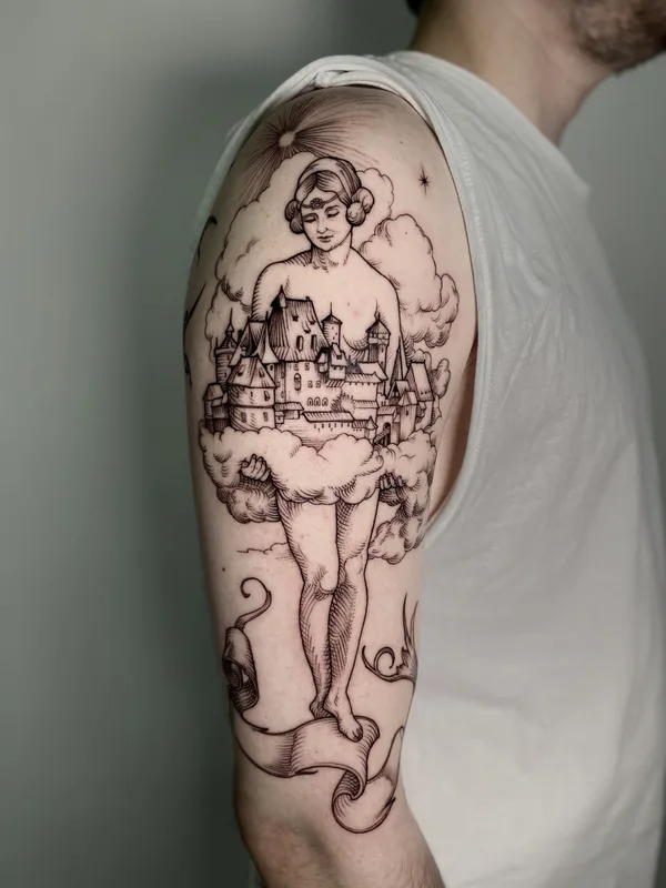 male black engraving tattoo on shoulder #90116 | Tattoo Artist Женя Зимина