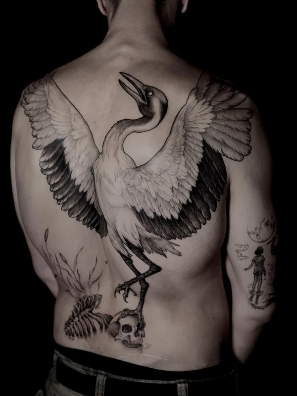 blackandgrey trash polka tattoo on back #90159 | Tattoo Artist Женя Зимина