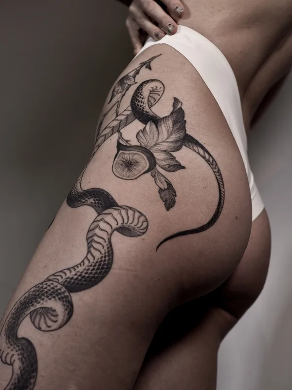 female blackandgrey graphic tattoo on thigh #90192 | Tattoo Artist Женя Зимина