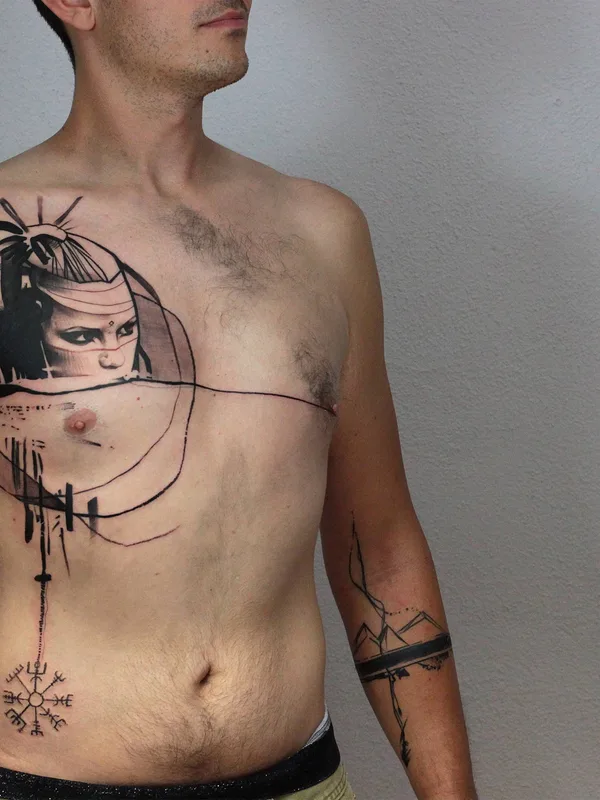 male black sketch tattoo auf chest #26794 | Tätowierer Artem Korobov