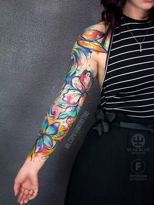female color watercolor татуировка на full sleeve #11494 | Тату мастер Виктория KIWI Григорьева
