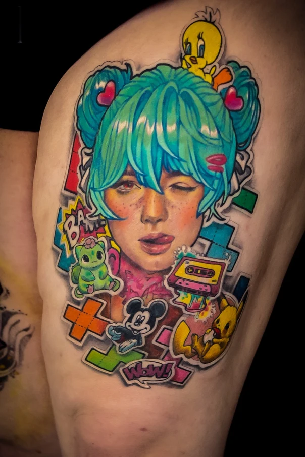 Anime Anime girl, Tweety bird tattoo on Thigh