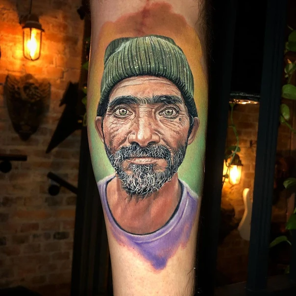 Realism Portrait, Man tattoo on Calf