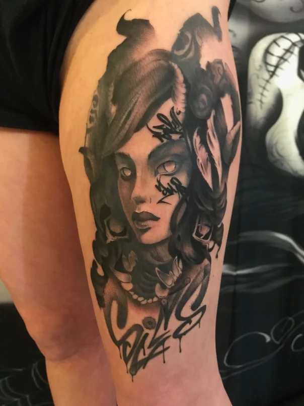 Black & Grey Portrait, Lettering tattoo on Thigh