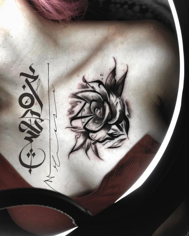 Blackwork Floral, Lettering tattoo on Chest