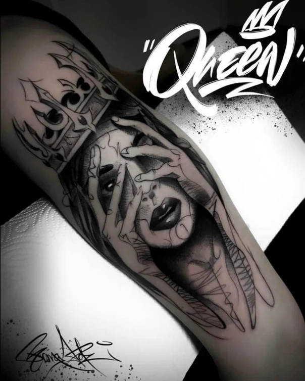 Black & Grey Portrait, Crown tattoo on Forearm