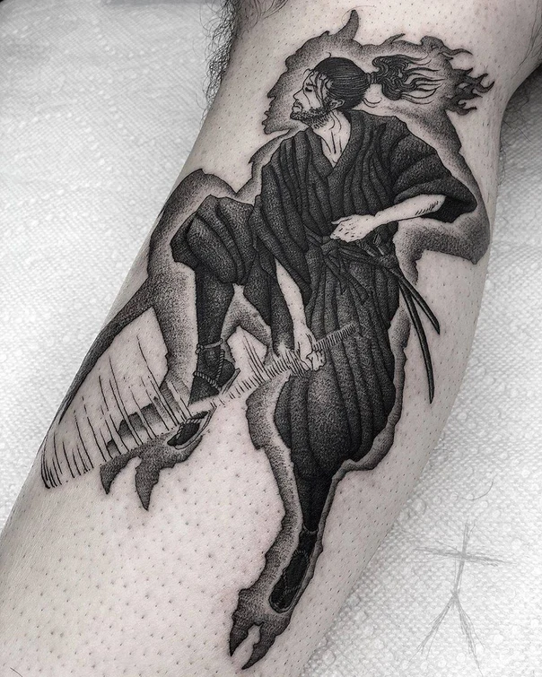 Blackwork Samurai, Warrior tattoo on Calf