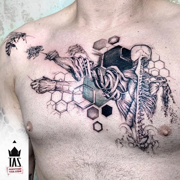 Biomechanical Skeleton, Honeycomb tattoo on Chest