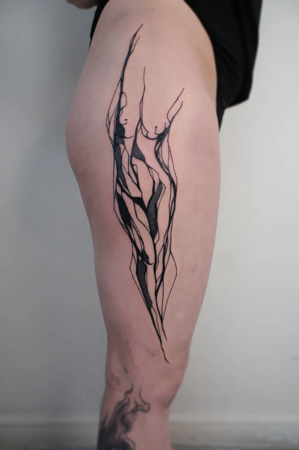 Linework Figure tattoo on Thigh