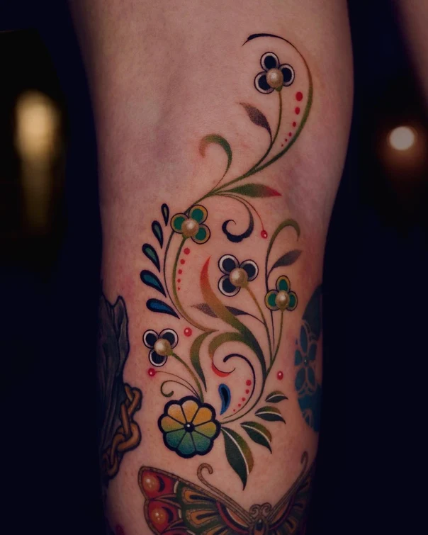 Botanic Flowers, Leaves tattoo on Thigh