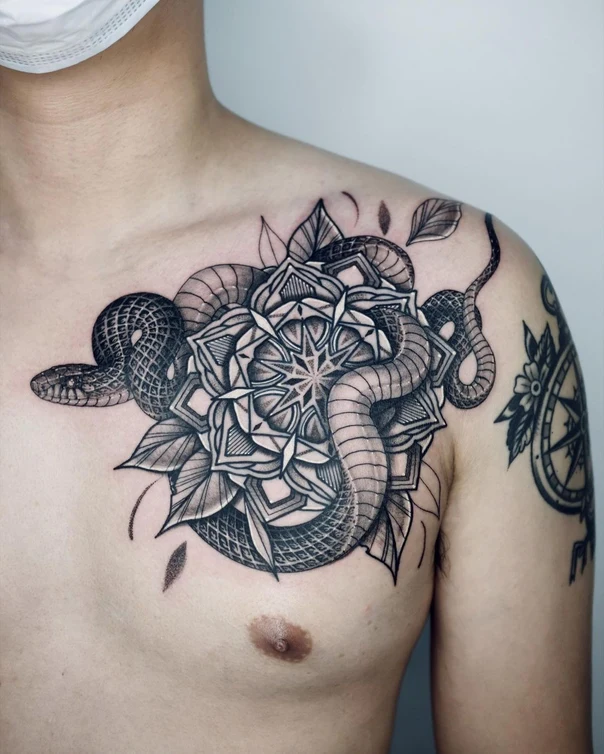 Blackwork Snake, Mandala tattoo on Chest