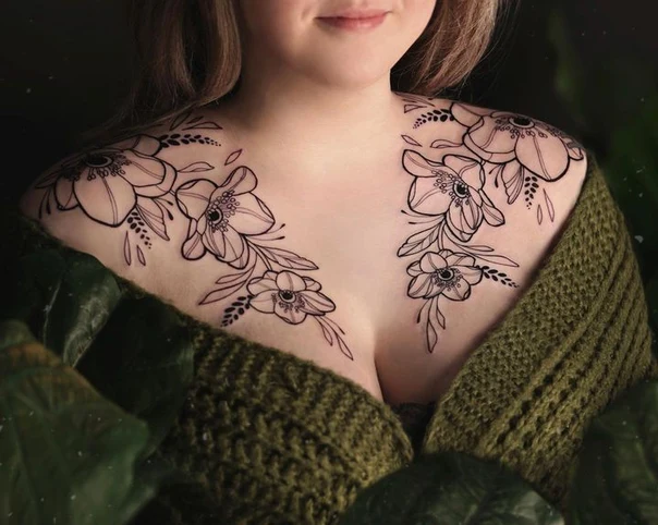 Linework Flowers, Leaves tattoo on Collarbone
