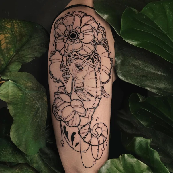 Linework Elephant, Flower tattoo on Upper Arm