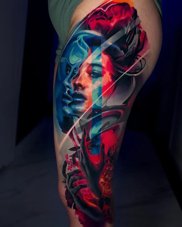 Realism Portrait, Flowers tattoo on Thigh