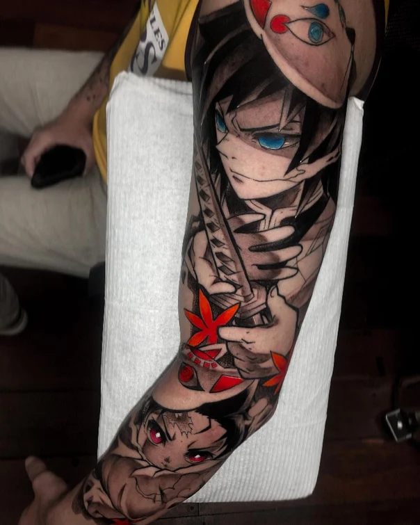 Anime Anime character, Leaves tattoo on Full Sleeve