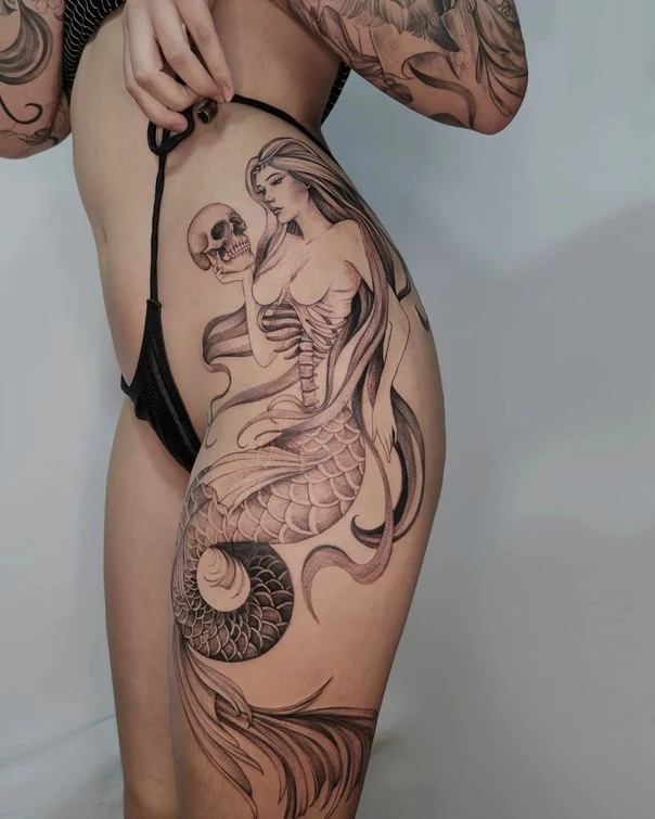 Black & Grey Mermaid, Skull tattoo on Thigh