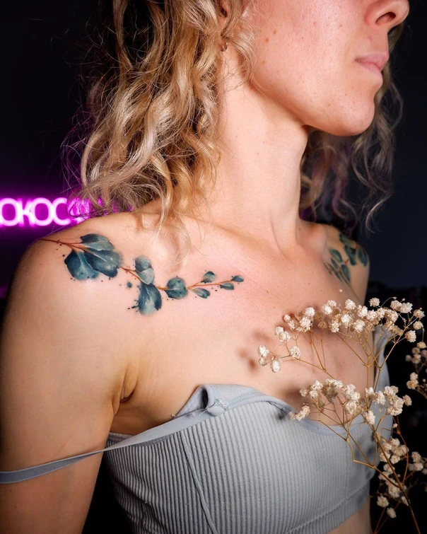 Watercolor Leaves, Branch tattoo on Collarbone
