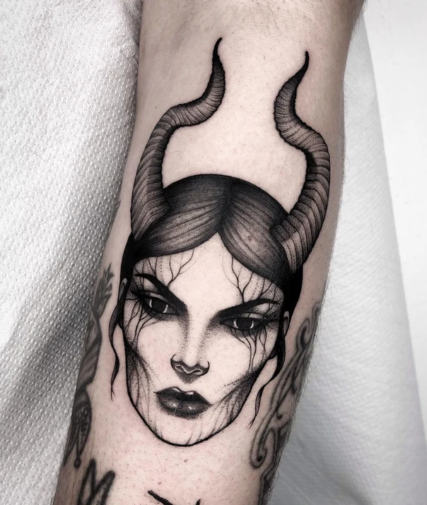 Blackwork Demon, Horns tattoo on Forearm