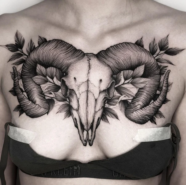Black & Grey Skull, Leaves tattoo on Chest