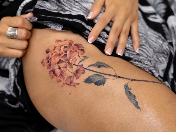 Botanic Flower, Leaves tattoo on Thigh