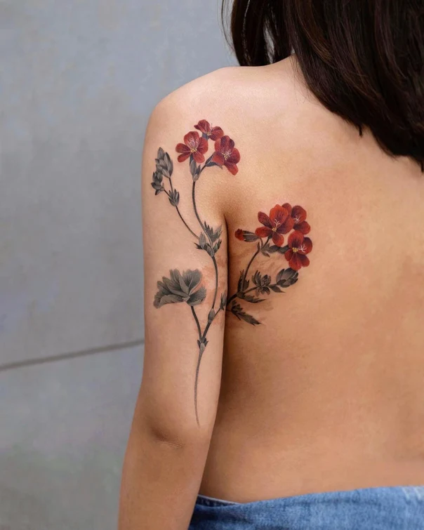 Botanic Flower, Plant tattoo on Shoulder Blade