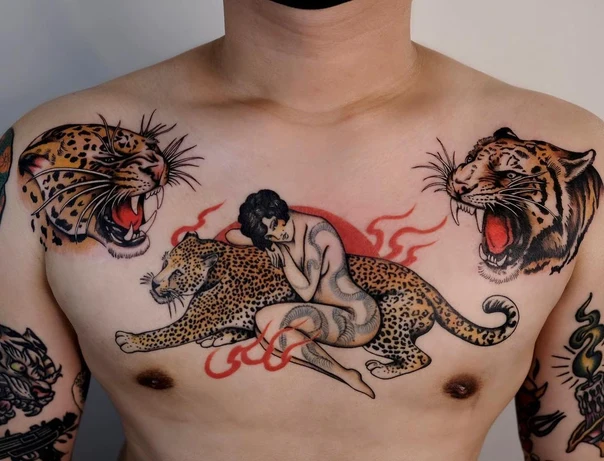 Neo Traditional Leopard, Tiger tattoo on Chest