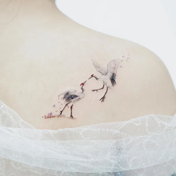 Watercolor Birds, Floral tattoo on Shoulder Blade