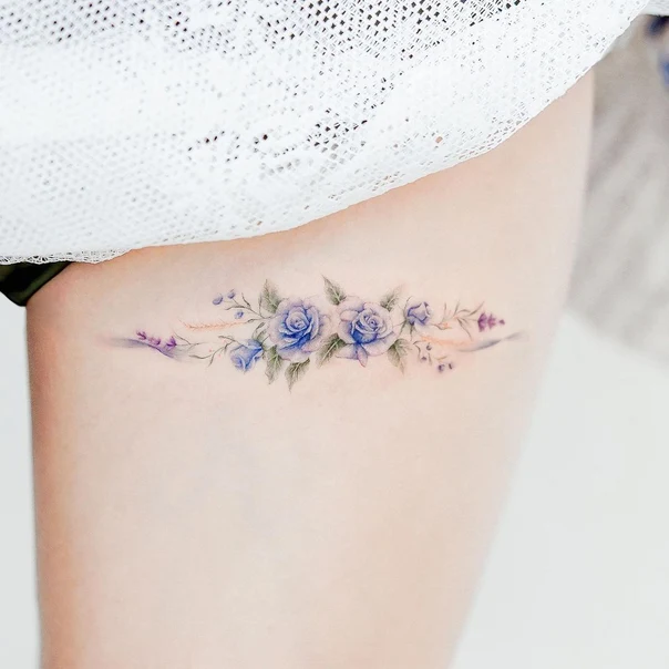 Watercolor Flowers, Roses tattoo on Thigh