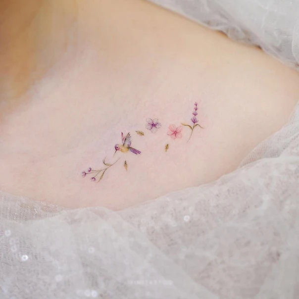 Fineline Hummingbird, Flowers tattoo on Collarbone