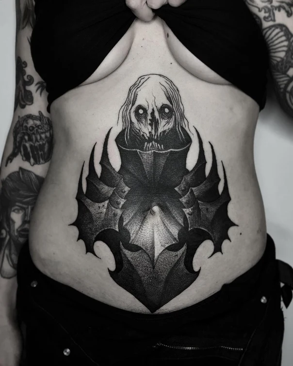Blackwork Skull, Armor tattoo on Stomach