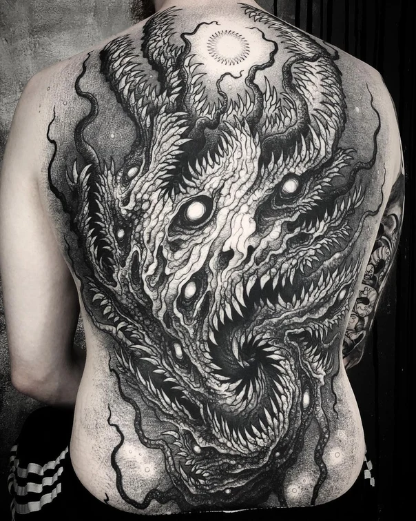 Blackwork Monster, Teeth tattoo on Full Back