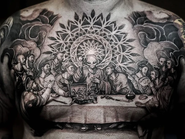 Realism Alien, Religious tattoo on Chest