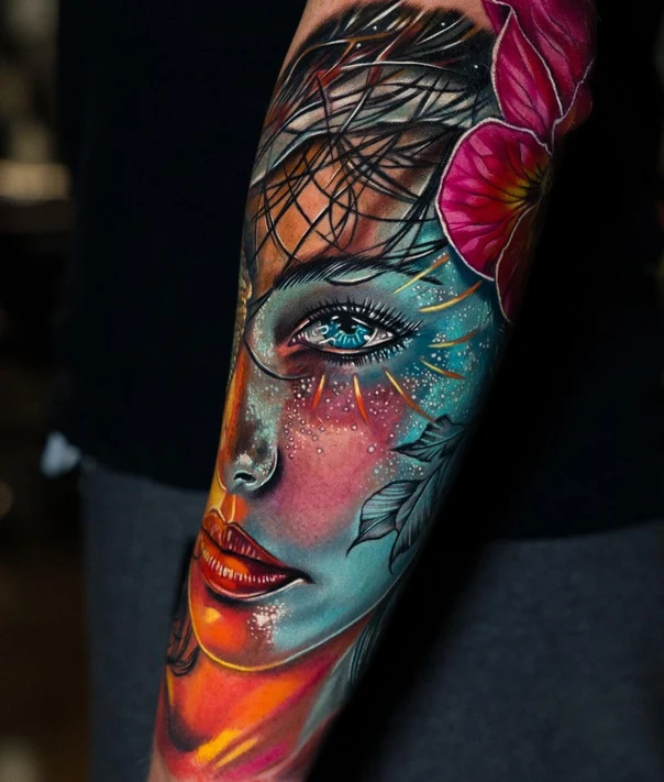 Realism Face, Flower tattoo on Forearm