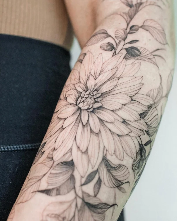 Botanic Flower, Leaves tattoo on Forearm