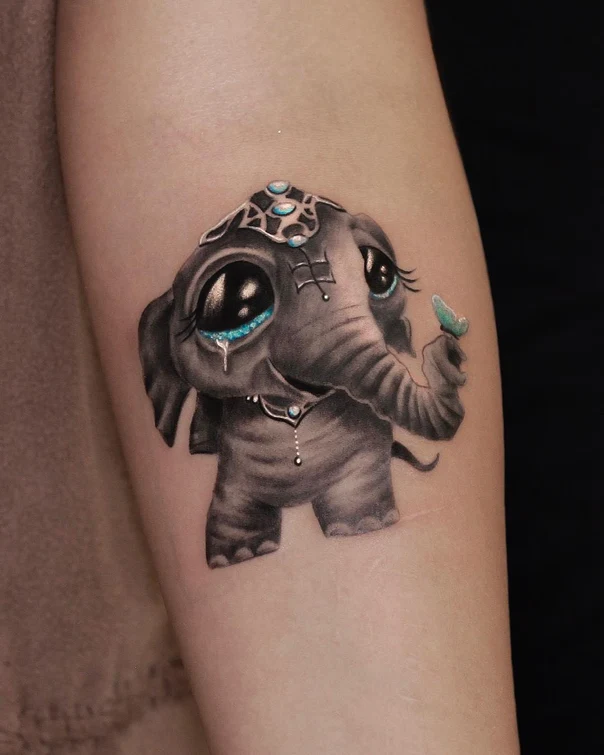 Black & Grey Elephant, Butterfly tattoo on Forearm