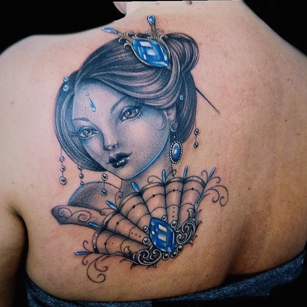 Neo Traditional Woman, Jewels tattoo on Upper Back