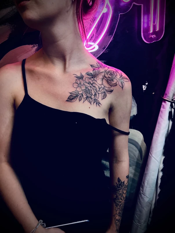 Botanic Flowers, Leaves tattoo on Collarbone
