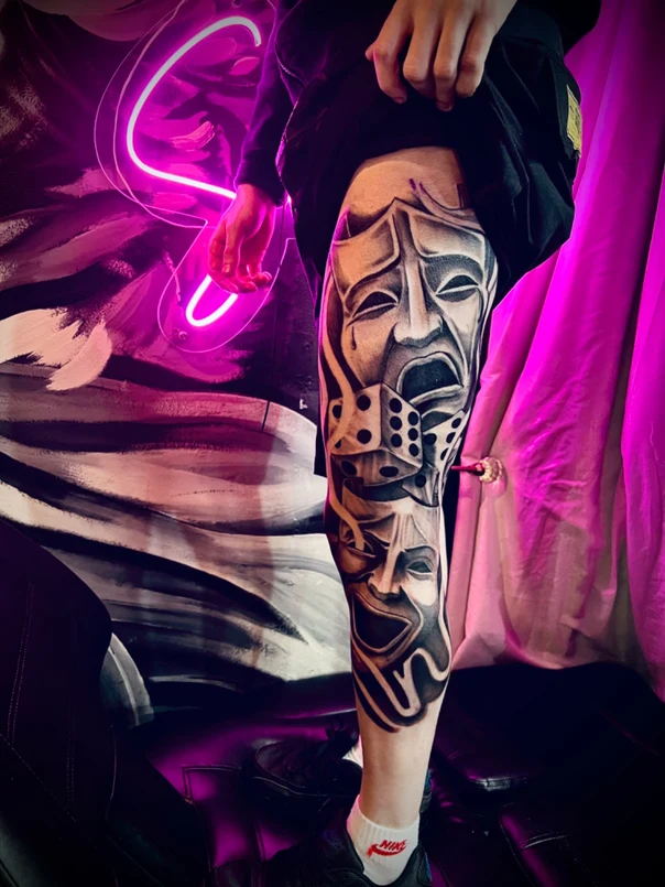 Black & Grey Masks, Dice tattoo on Thigh