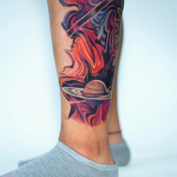 Abstract Planet, Space tattoo on Calf